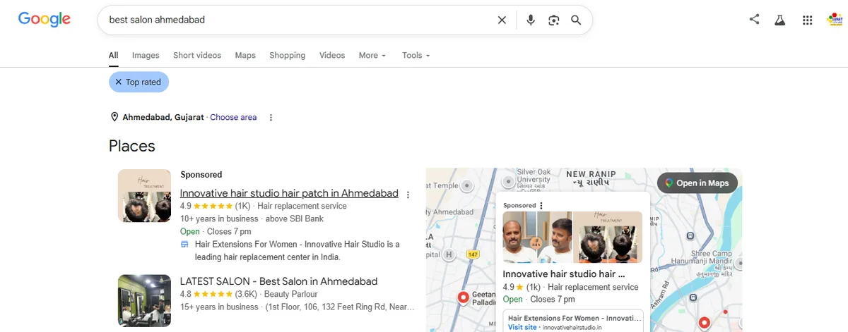 Google search results showing a Sponsored Google Ad above the organic listings