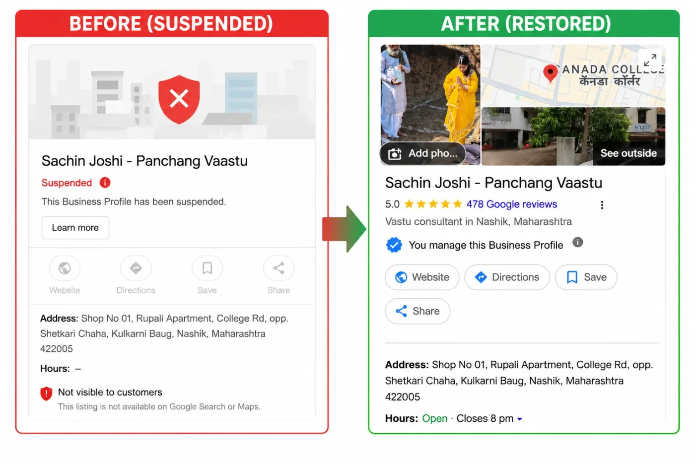 Sachin Joshi — Panchang Vaastu Google Business Profile suspended then reinstated with 478 reviews recovered — before and after